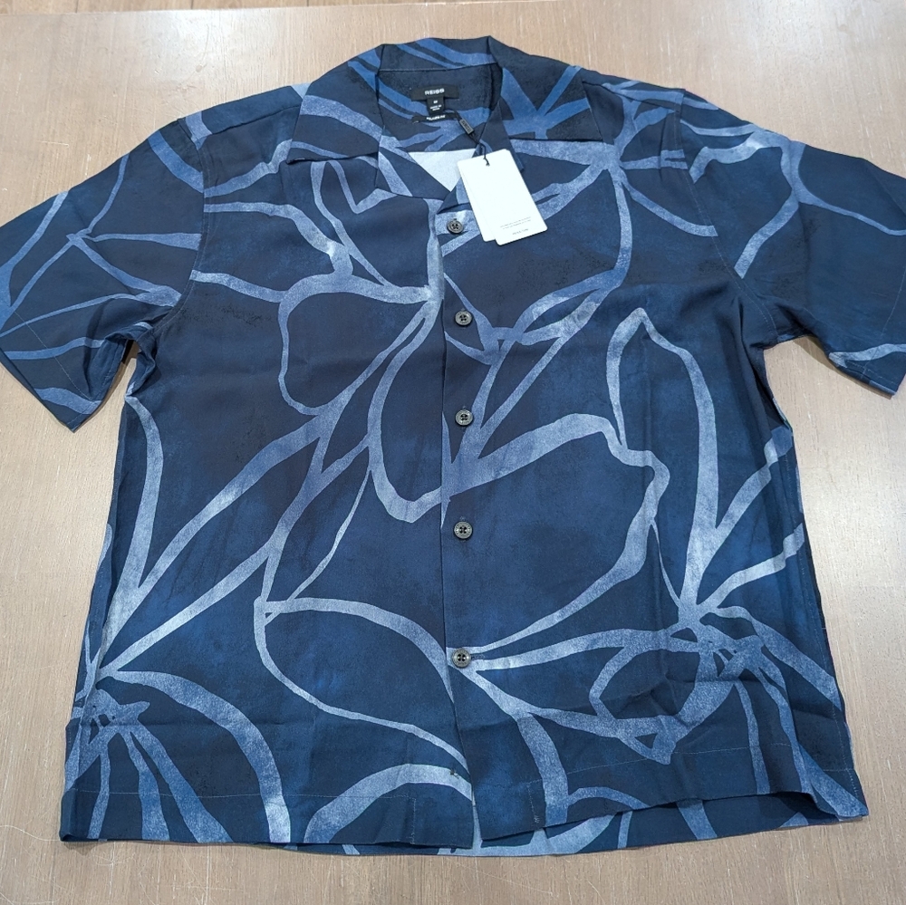 $180 Mens REISS "Jerry" Printed SS Button Up Resort Shirt Indigo Blue